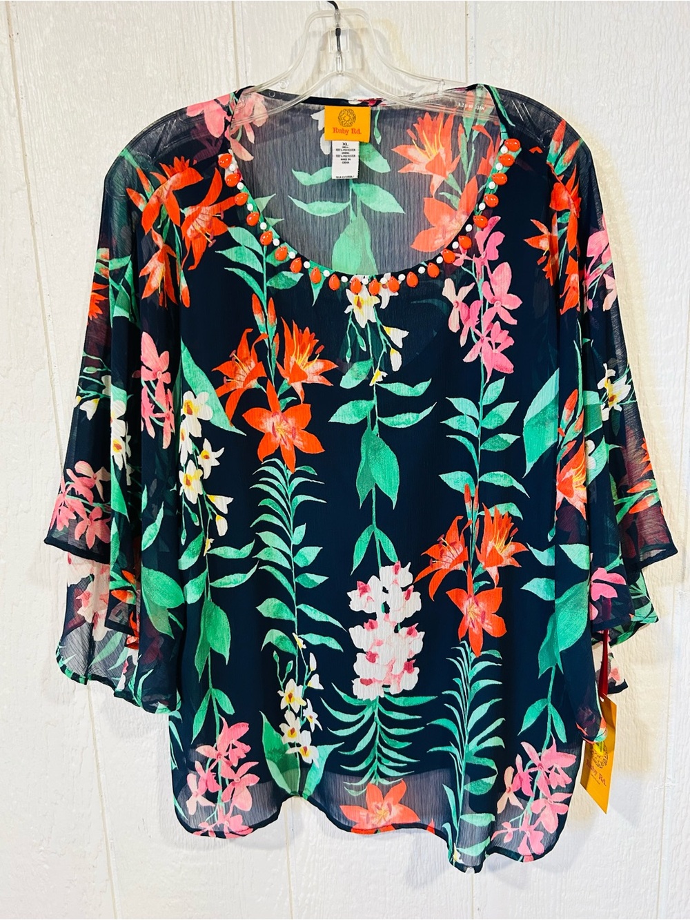 NEW Ruby Rd. Tropical Sunny Girl Navy Floral Sheer Top with Coral, Pink & Mint